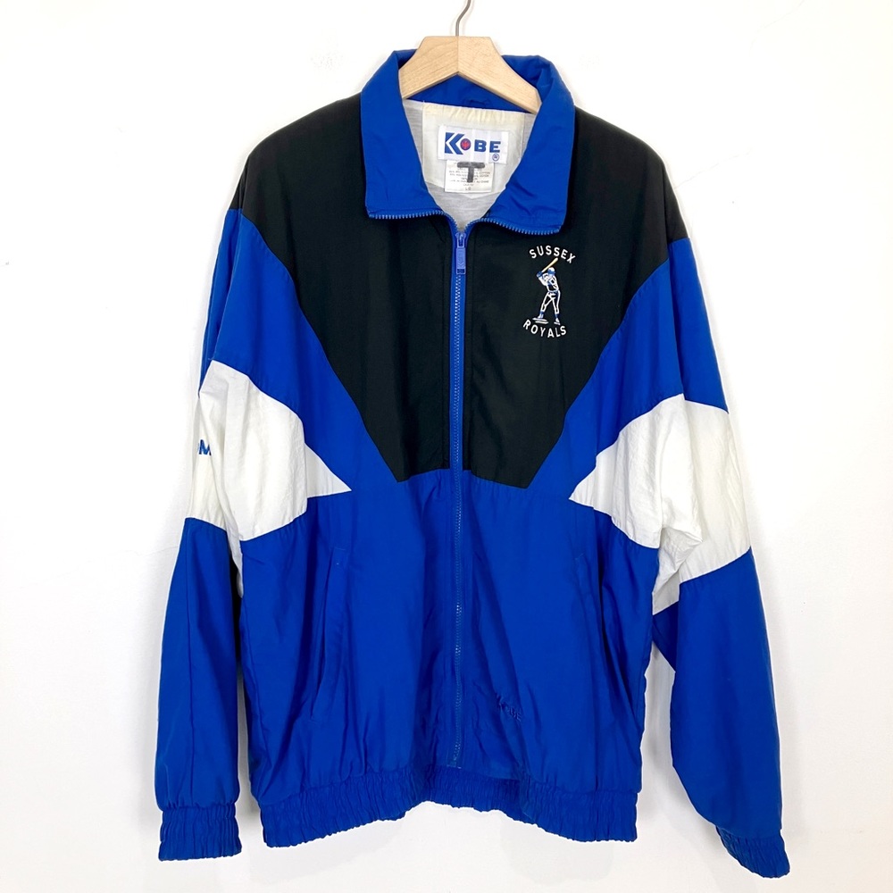 Vintage baseball windbreaker sport colour block blue black white athletic retro